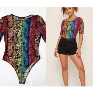 Touch Me Rainbow Leopard Print Bodysuit Short Sleeve Neon Animal Print - medium